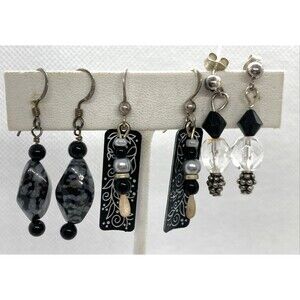 Vintage Lot‎ 3 Pairs Black Stone Beaded Dangle Earrings Sterling 925 Silver 9g